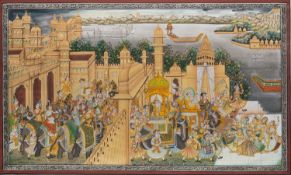 Rajasthani School - Processions of elephants in Udaipur - A pair of parcel gilt watercolour