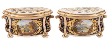 A pair of Derby bough pots and pierced covers of bombé form with acanthus scroll handles and scroll