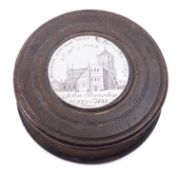 A turned wood and white metal mounted snuff box,