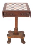 A Regency oak and marble drop flap games table,