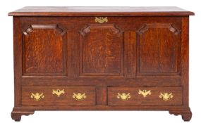 An 18th Century oak rectangular dower chest, the hinged top with a moulded edge,