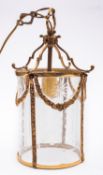 A gilt, brass and glazed ceiling lantern in 18th century taste, 20th century; of cylindrical form,