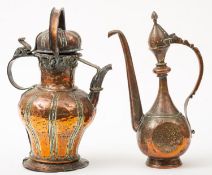A Persian copper rosewater ewer and one other, tallest 35cm high.