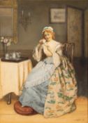 James Charles Playfair (British, fl.1865-1904) - A woman taking tea - Watercolour - 33 x 23.