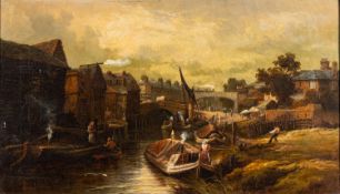 British School, 19th Century - Industrial river scene with barges, figures,
