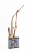 A Chinese white-metal and cloisonné enamel opium pipe complete with fittings,