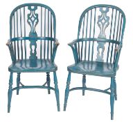 A pair of teal painted wood Windsor elbow chairs in George III style,