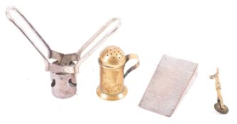 A 19th Century brass bun top kitchen pepper, of cylindrical form, 8.