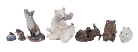 A group of seven Royal Copenhagen porcelain models of animals including a group of two bears