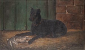 George Willis-Pryce (British, 1866-1949) Doberman by a dead rat in a stable - Oil on canvas - 34.