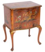 A walnut and chinoiserie bow-fronted work table, the hinged top,
