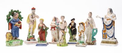 Nine creamware and pearlware figures, comprising St Mark, Neptune, Faith, Hope, Winter and others,