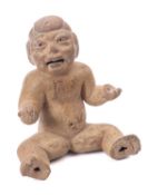 A Pre-Columban pottery figure, in Olmec style, probably 1st millenium BC; portrayed nude and seated,