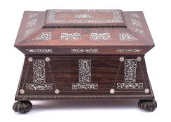A George IV rosewood and mother of pearl sewing box, circa 1825; of sarcophagus form,