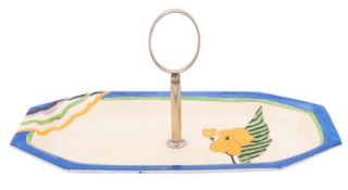 A Clarice Cliff cake dish decorated in the 'Lodore' pattern, with original plated handle,