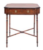 A Regency mahogany and inlaid octagonal work table, bordered with ebonised lines,
