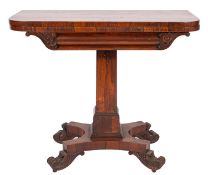An early Victorian rosewood rectangular card table, the baize lined hinged top with rounded corners,