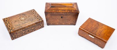 A Regency walnut and banded tea caddy, circa 1815; of sarcophagus form, 16cm high,