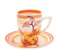 A Clarice Cliff Bizarre cup and saucer decorated in the 'Hydrangea' pattern, printed marks,