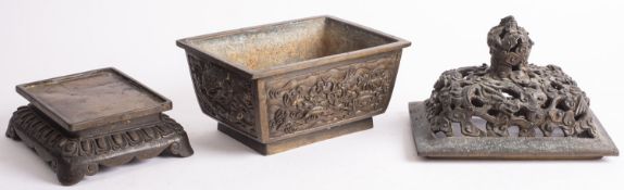 A Chinese bronze censer, cover and stand cast in relief with dragons, phoenix and mythical beasts,