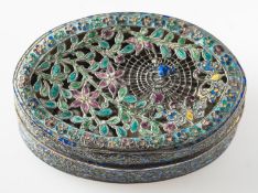 A Chinese white metal and cloisonné oval box and cover the pierced cover in the form of a spider's