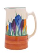 A Clarice Cliff Bizarre water jug decorated in the 'Autumn Crocus' pattern,