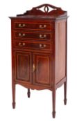 An Edwardian mahogany and inlaid upright music cabinet, crossbanded in satinwood,