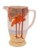 A Clarice Cliff Bizarre Athens jug decorated in the 'Coral Firs' pattern,