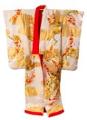 A Japanese Kimono embroidered in silk and gilt thread with cranes amongst blossom and pine,
