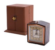 Bayard a 1920s travelling alarm clock having an eight-day duration timepiece movement with alarm,
