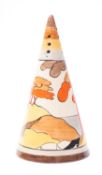 A Clarice Cliff Bizarre conical pattern sugar sifter decorated in the 'Coral Fir' pattern,
