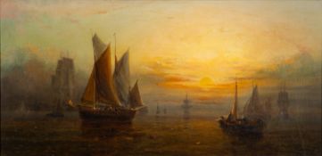 William Adolphus Knell (British, 1801-1875) - Shipping at Sunset - Oil on canvas - 28.