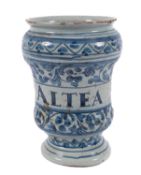An Italian blue and white maiolica albarello, probably Savona,