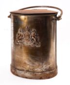 A late 19th century lacquer steel and brass oval water or milk bucket with Royal Coat of Arms,
