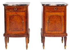 A pair of French burr walnut veneer, inlaid and crossbanded bow-fronted bedside cabinets,