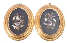 A pair of Italian oval pietre dure panels depicting birds, circa 1900,