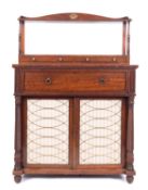 A Regency mahogany and inlaid secretaire chiffonier, with ebonised moulding and lines,