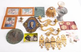 A mixed lot of works of art and metal wares comprising a small bronze sundial inscribed 'Henry Meek,