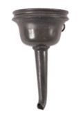 A pewter wine funnel, with hinged filter, 15cm long.
