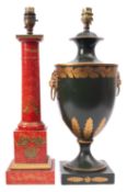 A painted and parcel gilt toleware table lamp in Regency style, modern; of urn form,