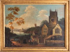 A late 19th century automaton landscape depicting an oil painted rural scene of a church beside a