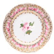 A Nantgarw 'Derby Three Rose' plate decorated in London with three pink roses and foliage,