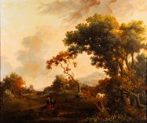 British School, 18th Century - A family group walking towards a cottage,