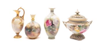 A group of four pieces of Royal Worcester porcelain comprising a ewer painted by W.H.