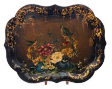 A Victorian painted, lacquered and parcel gilt papier mache tray, circa 1865; of cartouche form,