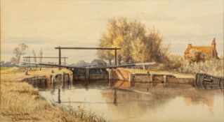 Charles Harmony Harrison (British, 1842-1902) - Shipmeadow Lock , Norfolk- Watercolour - 21.5 x 38.
