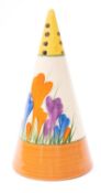 A Clarice Cliff Bizarre conical sugar sifter decorated in the 'Crocus' pattern, printed marks,