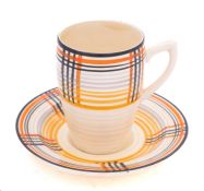 A Clarice Cliff Bizarre Lynton cup and saucer decorated in fine banding, printed marks,