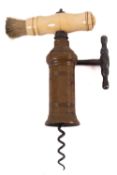 A narrow rack King's screw corkscrew, with turned bone handle and brush,