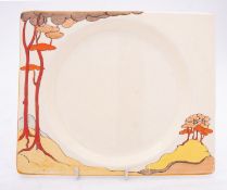 A Clarice Cliff Biarritz rectangular plate decorated in the 'Coral Firs' pattern, printed marks,